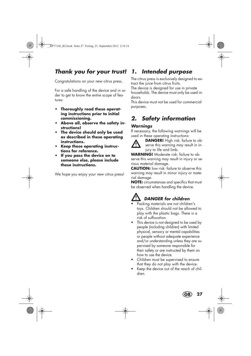 Intended purpose, Safety information | Silvercrest SZP 25 B1 User Manual | Page 29 / 38