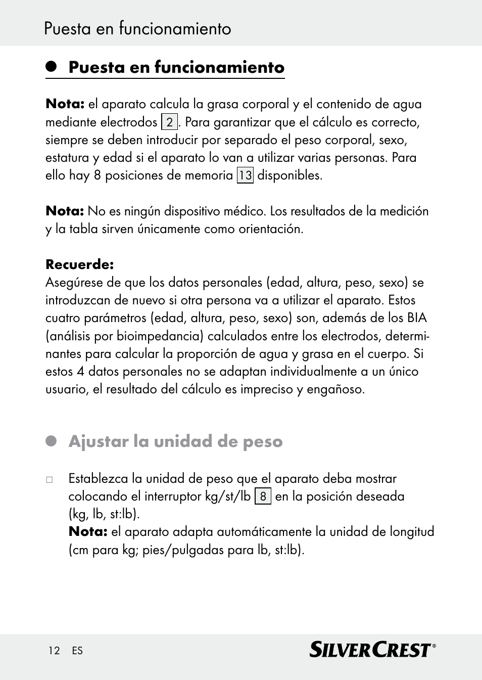 Puesta en funcionamiento, Ajustar la unidad de peso | Silvercrest Z30509 User Manual | Page 12 / 74