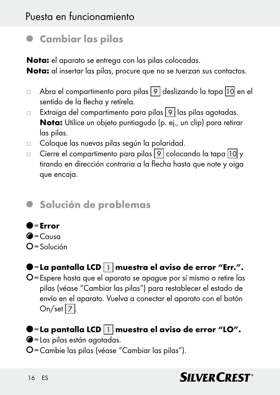 Puesta en funcionamiento, Cambiar las pilas, Solución de problemas | Silvercrest Z30509 User Manual | Page 16 / 74