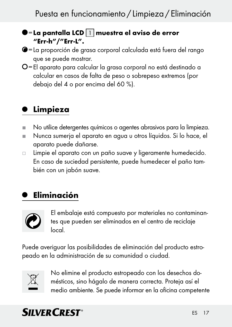 Puesta en funcionamiento / limpieza / eliminación, Limpieza, Eliminación | Silvercrest Z30509 User Manual | Page 17 / 74