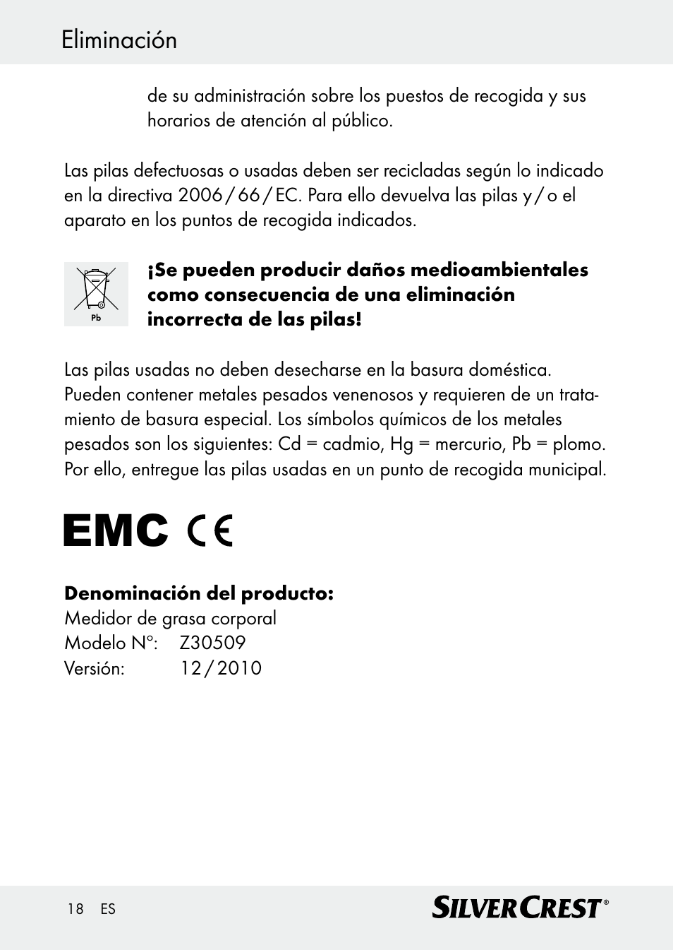 Eliminación | Silvercrest Z30509 User Manual | Page 18 / 74