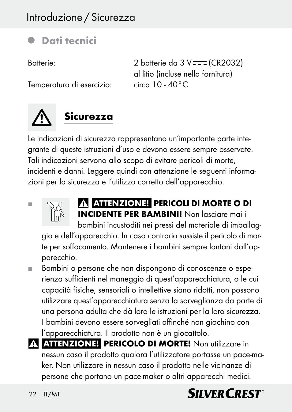Introduzione / sicurezza, Dati tecnici, Sicurezza | Silvercrest Z30509 User Manual | Page 22 / 74