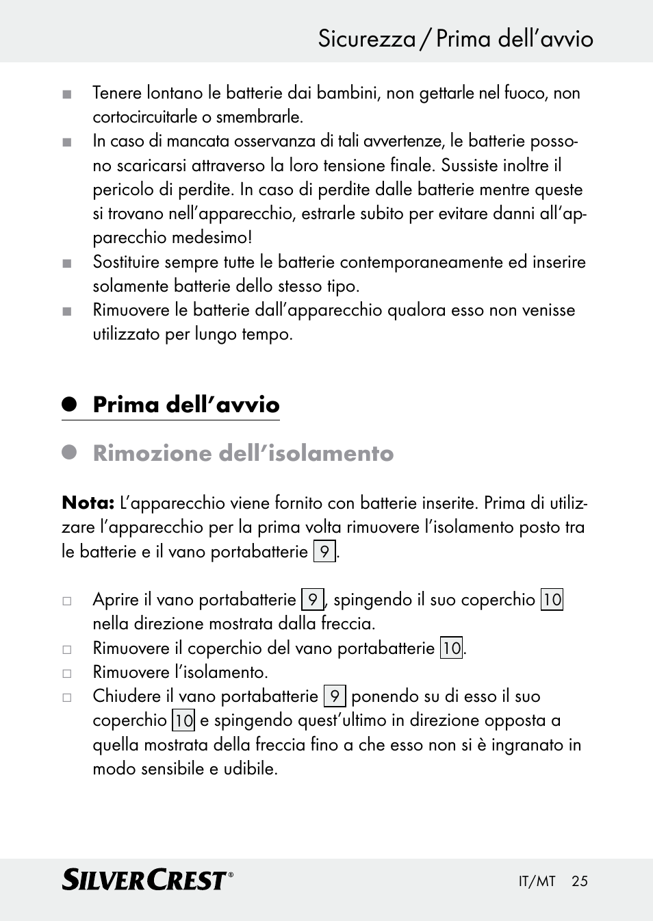 Sicurezza / prima dell’avvio, Prima dell’avvio, Rimozione dell’isolamento | Silvercrest Z30509 User Manual | Page 25 / 74