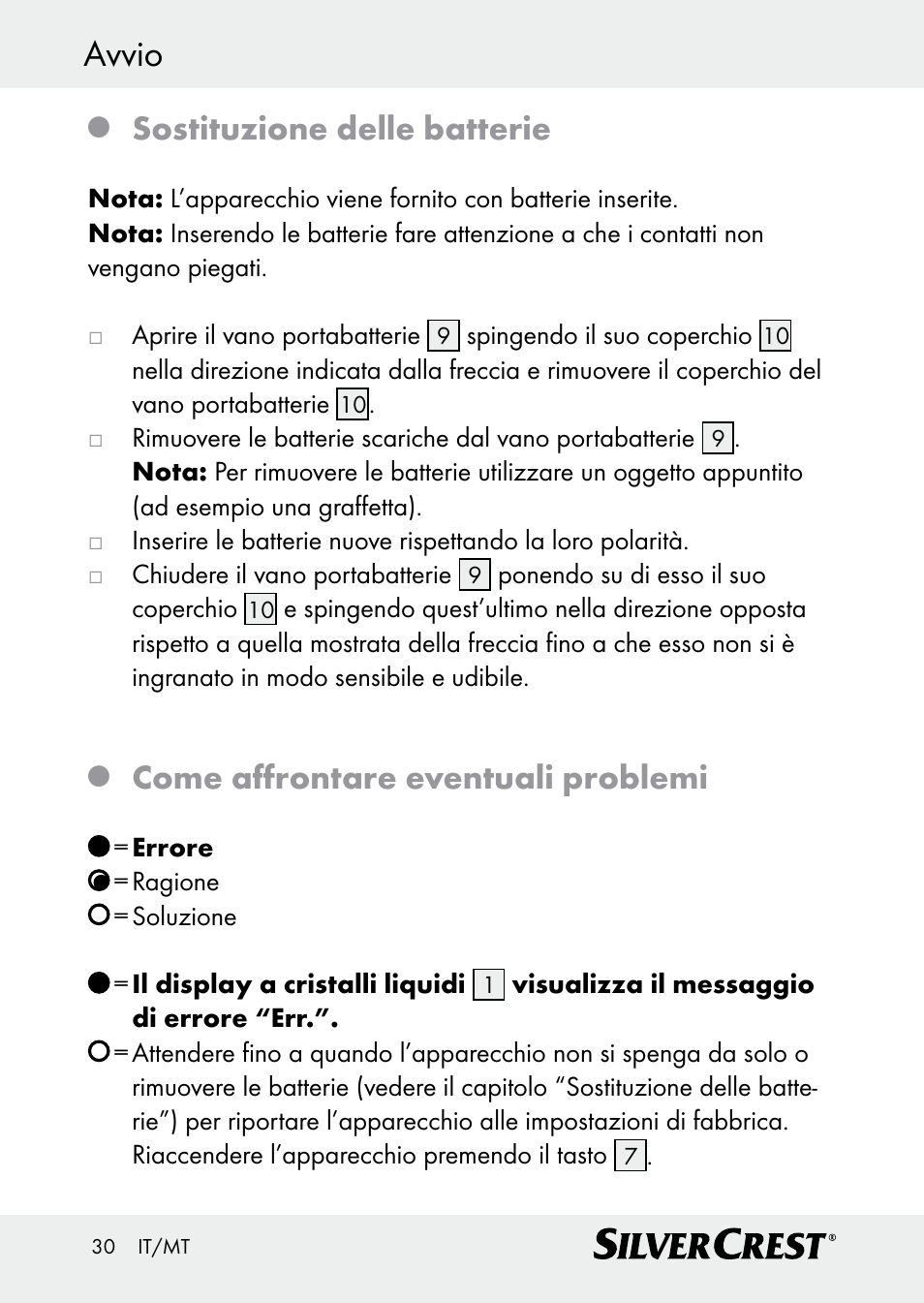 Avvio, Sostituzione delle batterie, Come affrontare eventuali problemi | Silvercrest Z30509 User Manual | Page 30 / 74