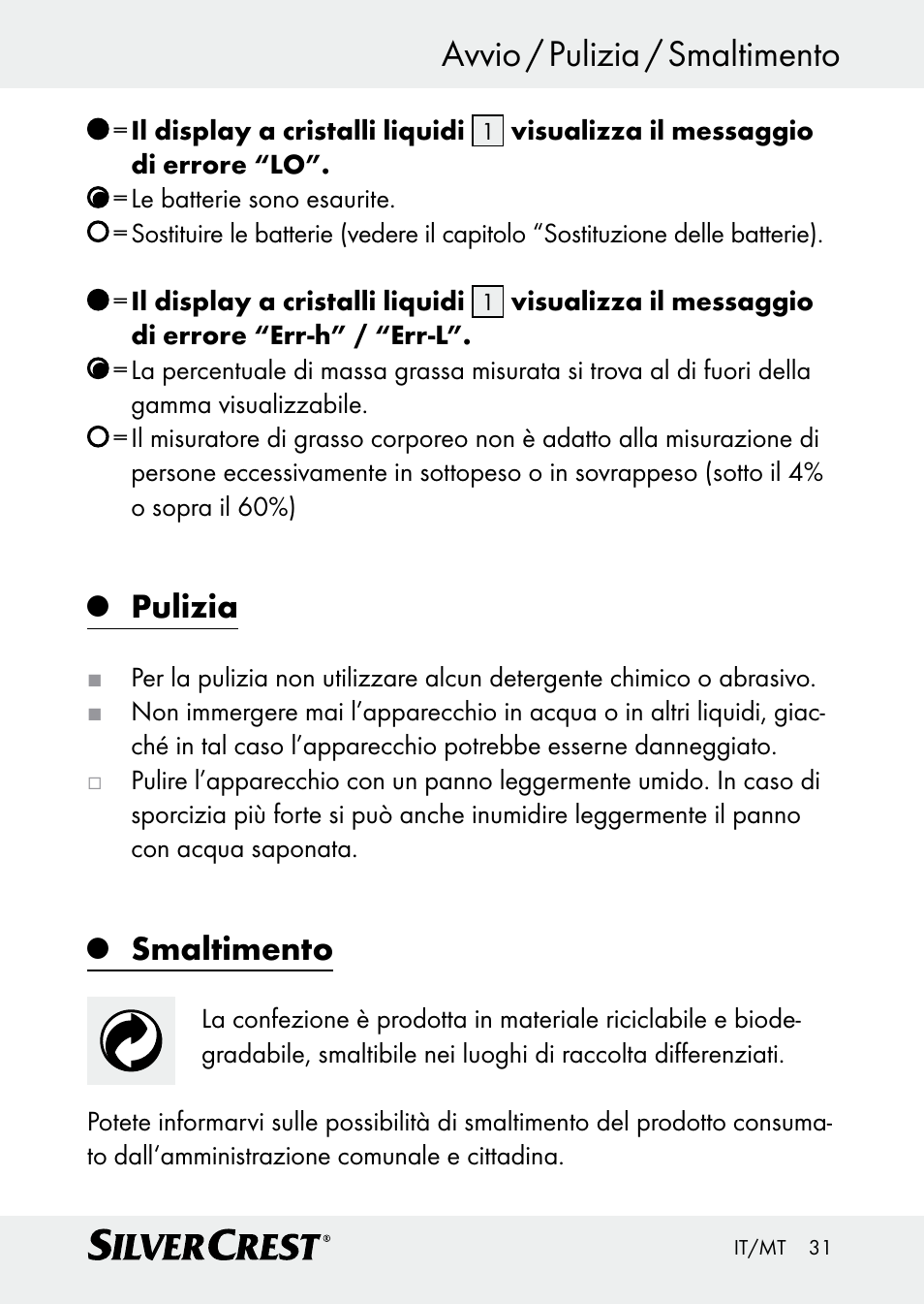 Avvio / pulizia / smaltimento, Pulizia, Smaltimento | Silvercrest Z30509 User Manual | Page 31 / 74