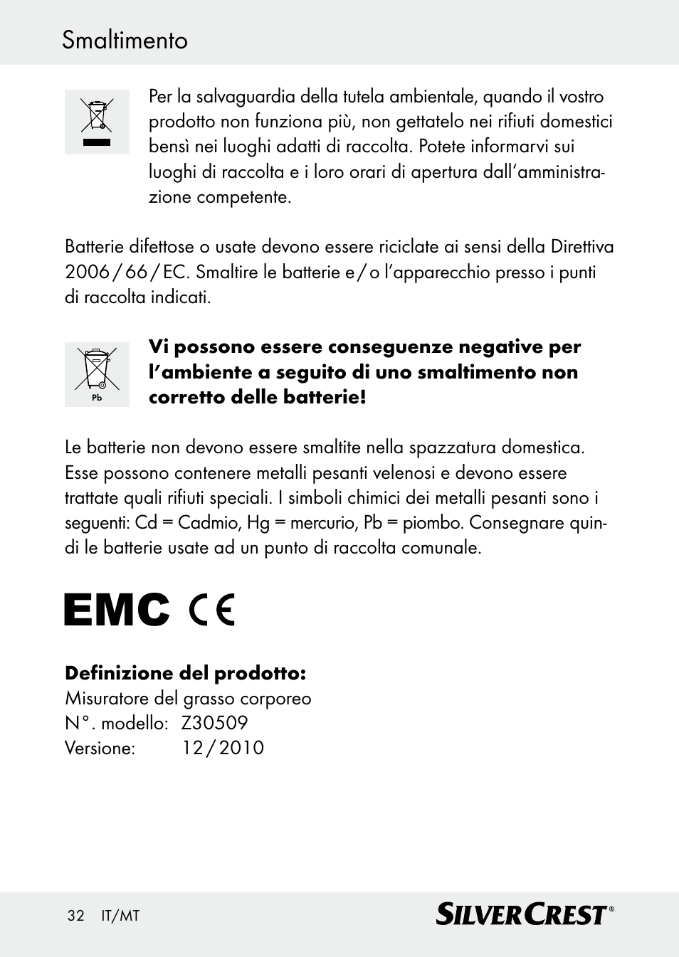 Smaltimento | Silvercrest Z30509 User Manual | Page 32 / 74