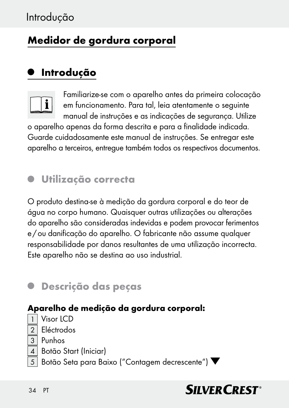 Introdução, Medidor de gordura corporal, Utilização correcta | Descrição das peças | Silvercrest Z30509 User Manual | Page 34 / 74