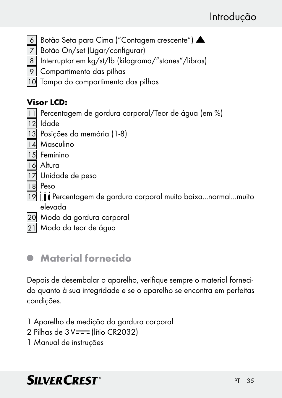 Introdução, Material fornecido | Silvercrest Z30509 User Manual | Page 35 / 74