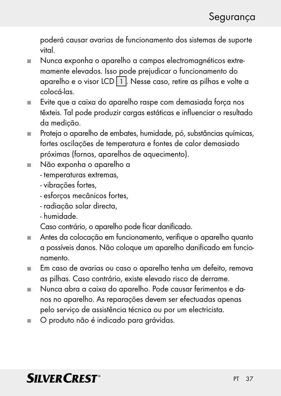 Segurança | Silvercrest Z30509 User Manual | Page 37 / 74