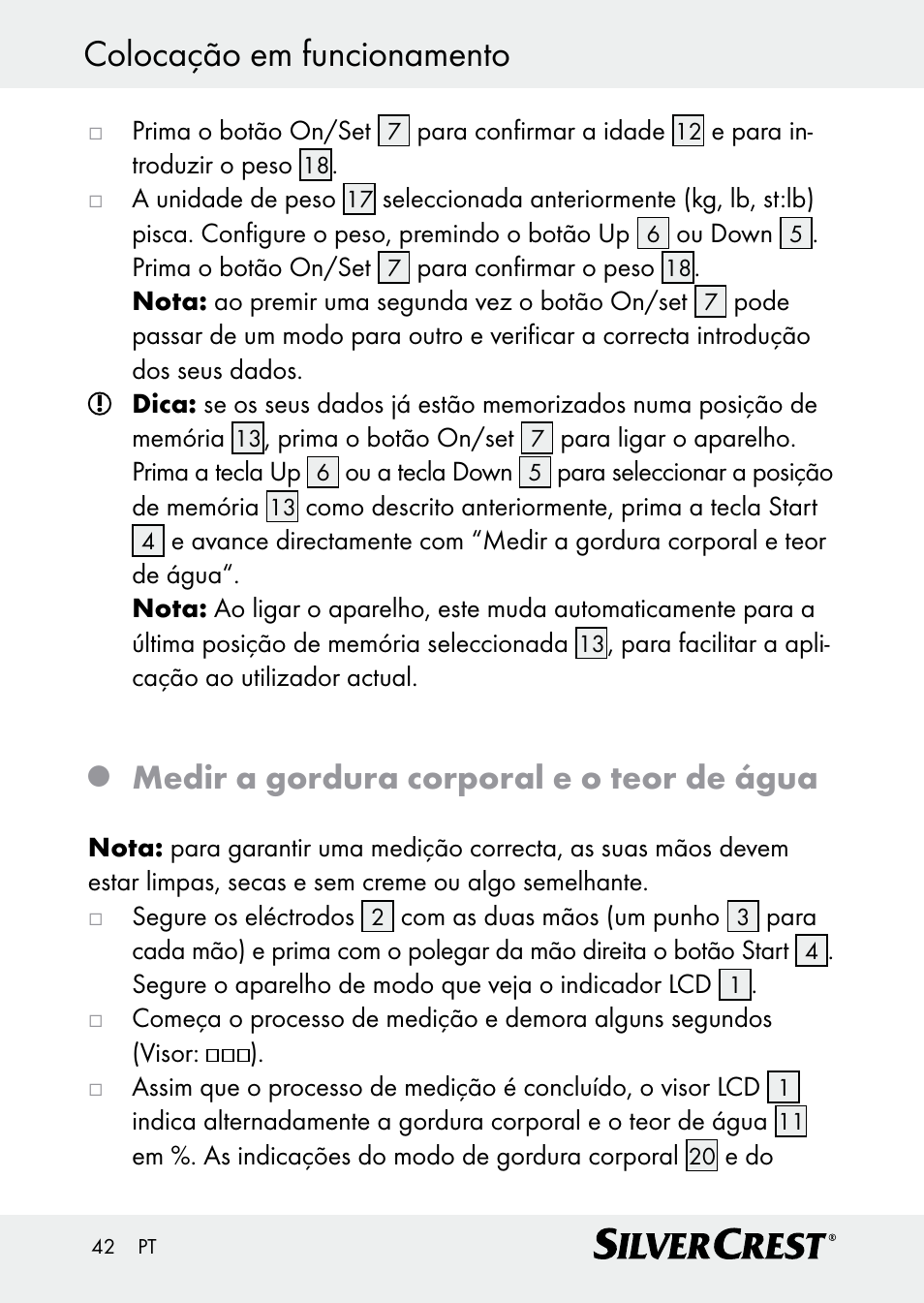 Colocação em funcionamento, Medir a gordura corporal e o teor de água | Silvercrest Z30509 User Manual | Page 42 / 74