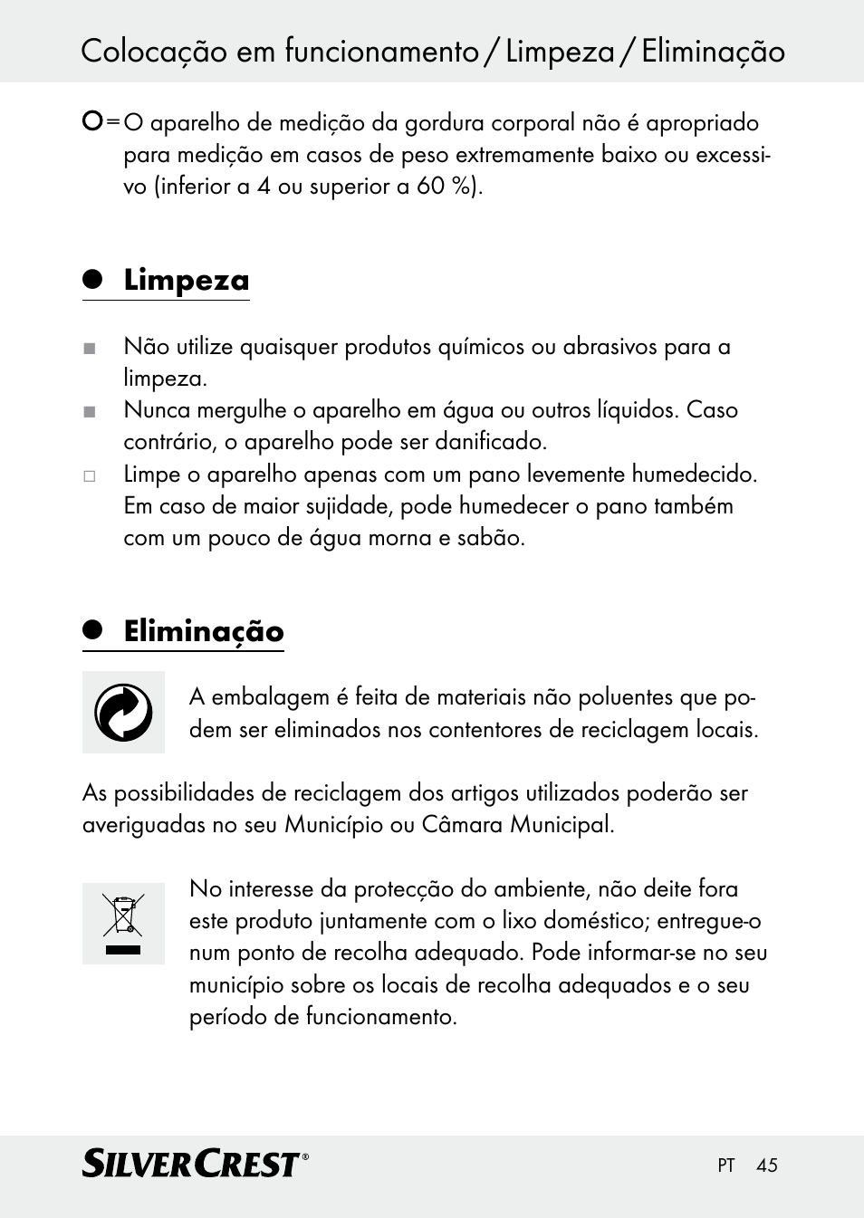 Colocação em funcionamento / limpeza / eliminação, Limpeza, Eliminação | Silvercrest Z30509 User Manual | Page 45 / 74