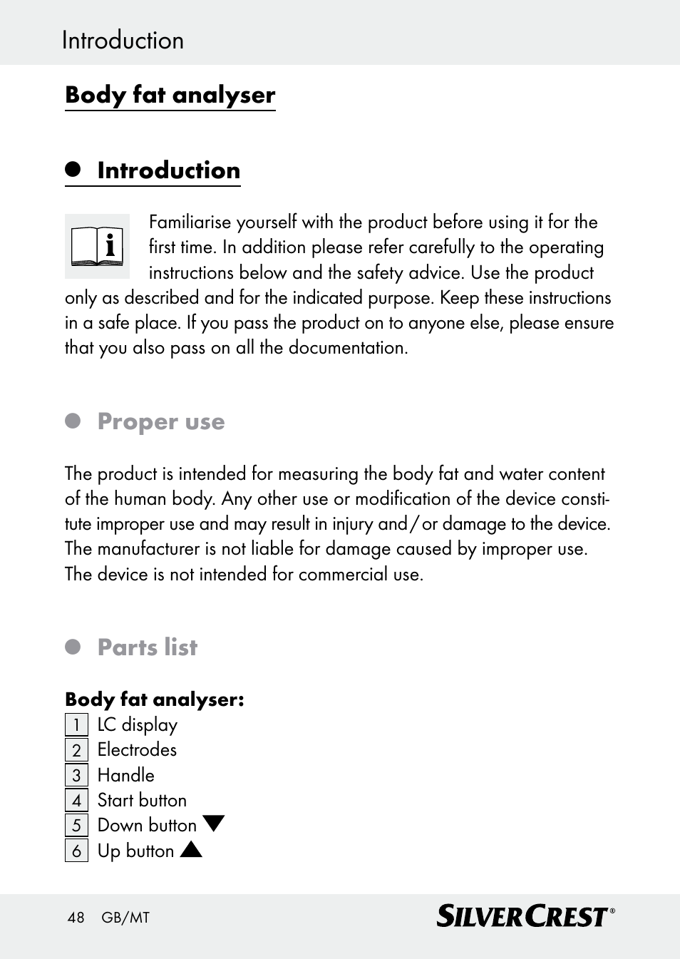 Introduction, Body fat analyser, Proper use | Parts list | Silvercrest Z30509 User Manual | Page 48 / 74