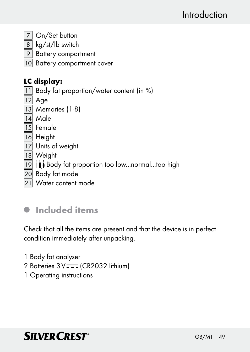 Introduction, Included items | Silvercrest Z30509 User Manual | Page 49 / 74