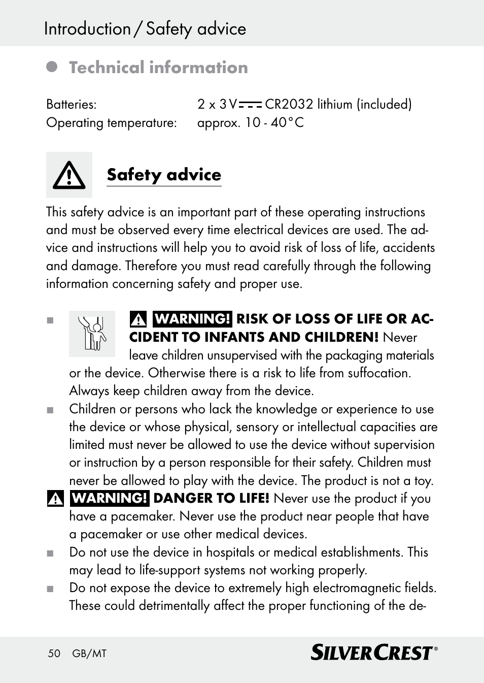 Introduction / safety advice, Technical information, Safety advice | Silvercrest Z30509 User Manual | Page 50 / 74