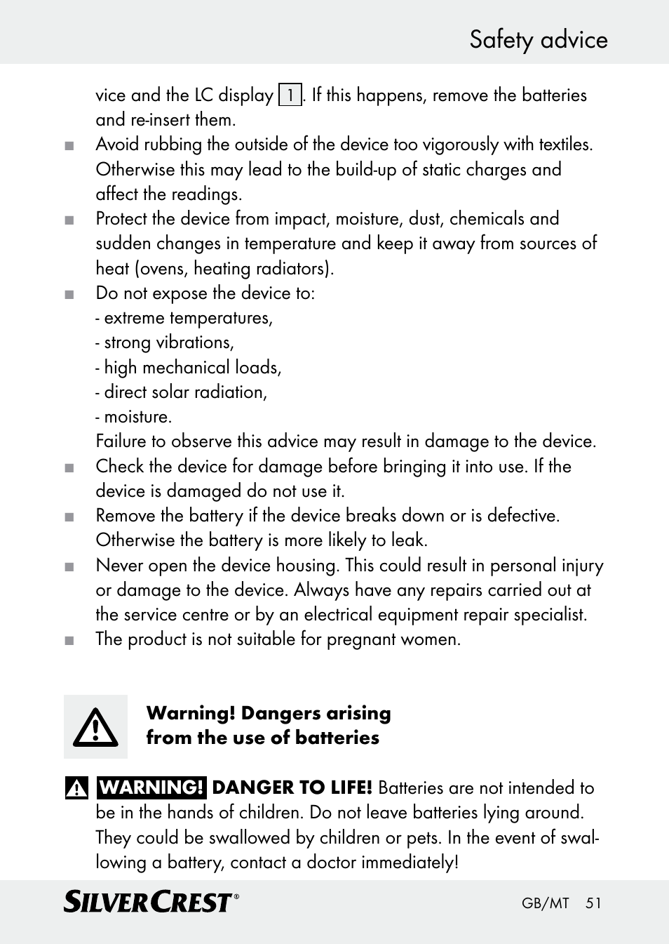 Safety advice | Silvercrest Z30509 User Manual | Page 51 / 74