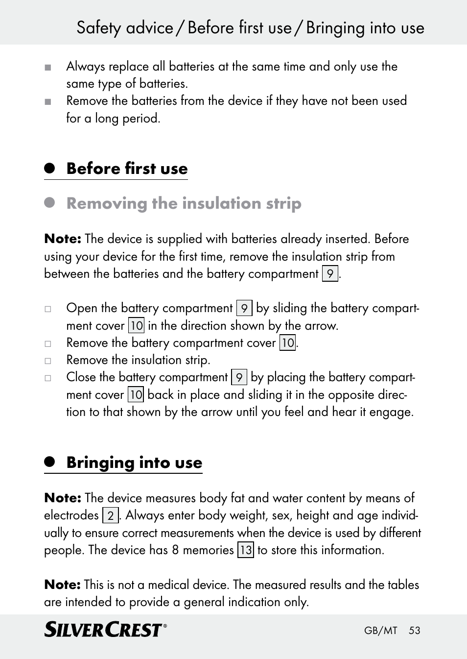 Before first use, Removing the insulation strip, Bringing into use | Silvercrest Z30509 User Manual | Page 53 / 74