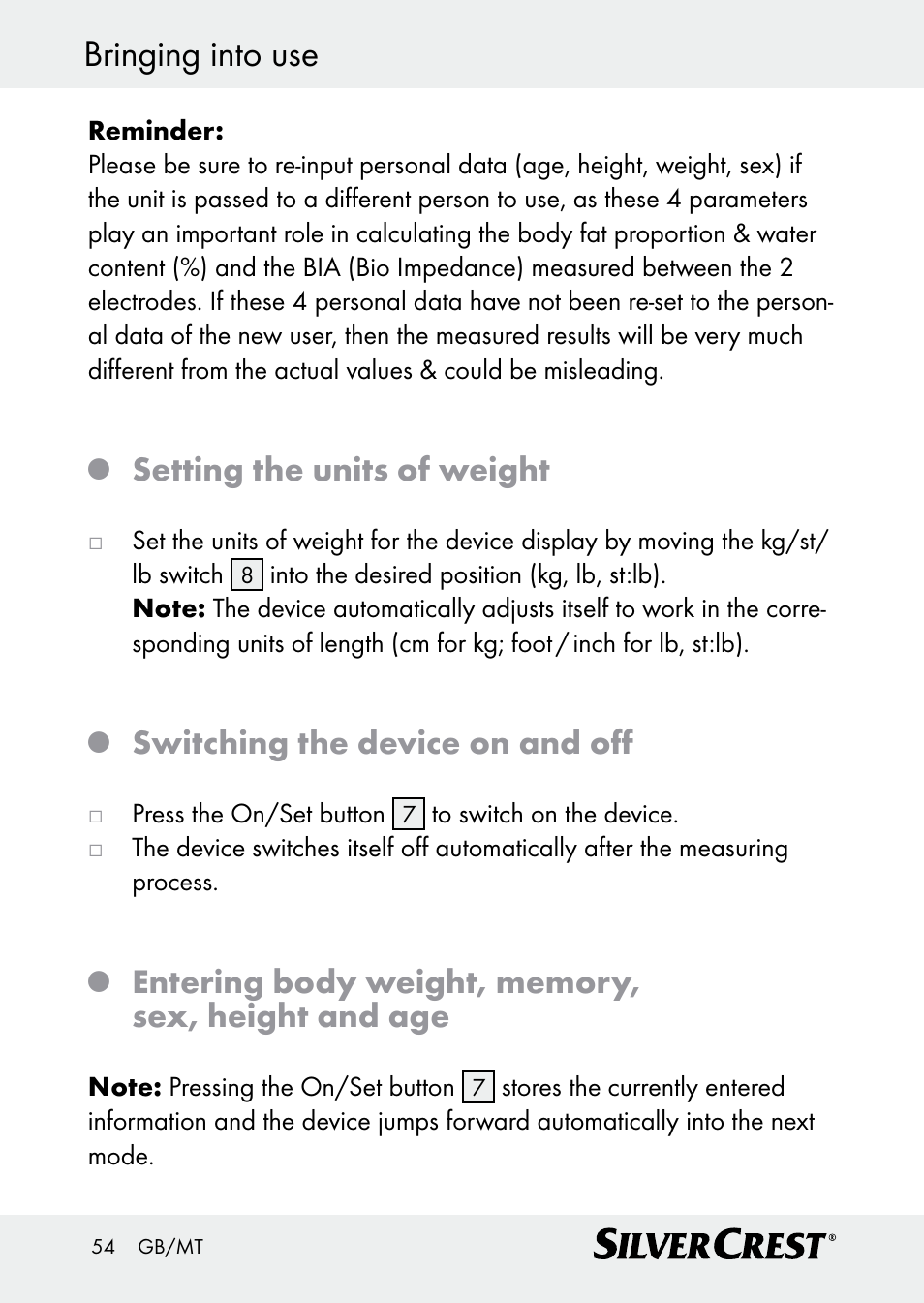Bringing into use, Setting the units of weight, Switching the device on and off | Silvercrest Z30509 User Manual | Page 54 / 74