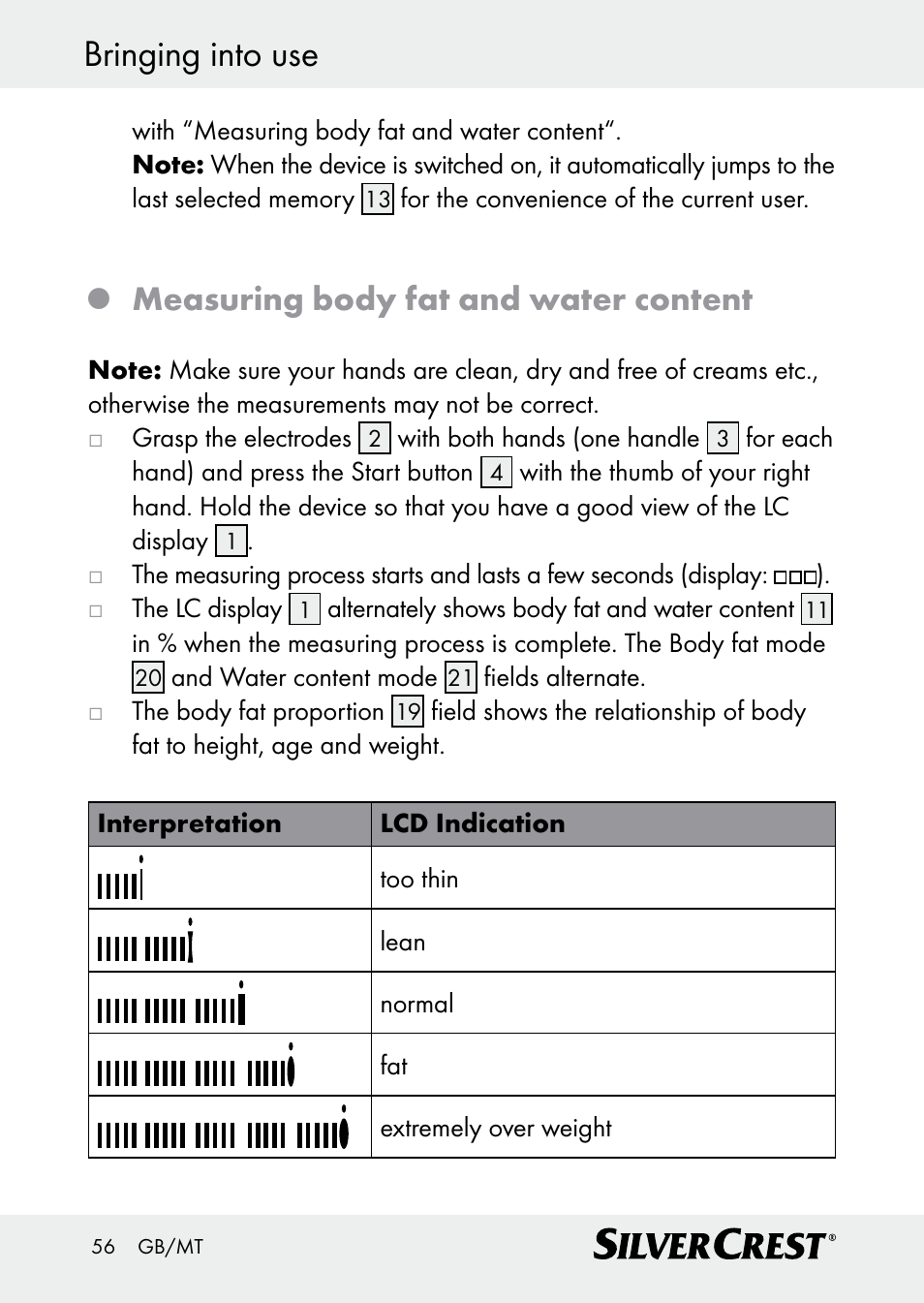 Bringing into use, Measuring body fat and water content | Silvercrest Z30509 User Manual | Page 56 / 74