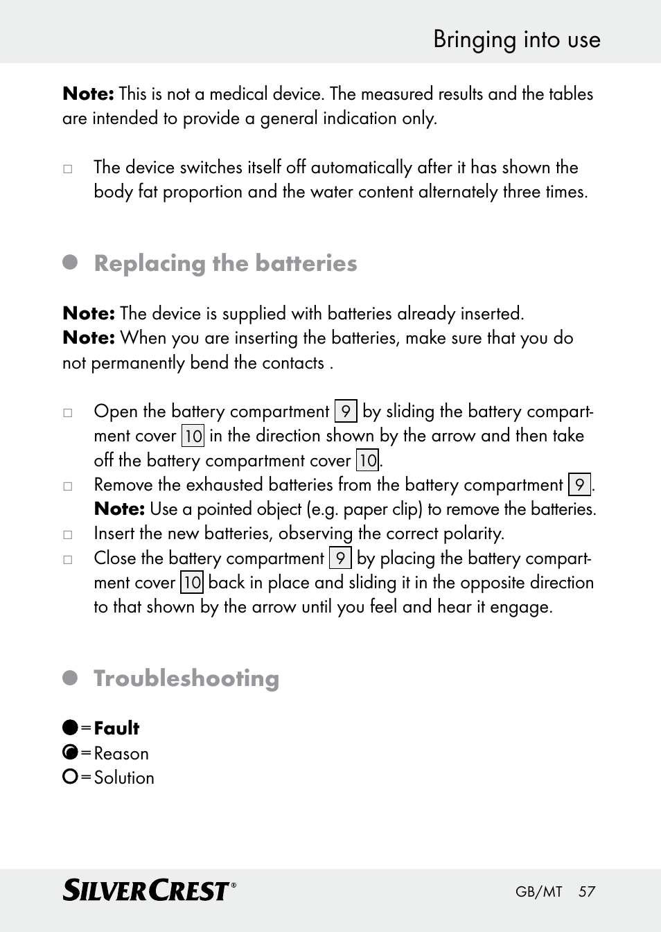 Bringing into use, Replacing the batteries, Troubleshooting | Silvercrest Z30509 User Manual | Page 57 / 74