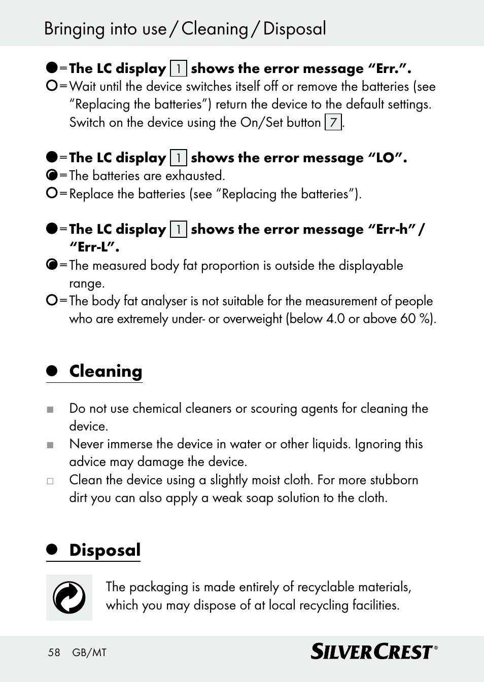 Bringing into use / cleaning / disposal, Cleaning, Disposal | Silvercrest Z30509 User Manual | Page 58 / 74