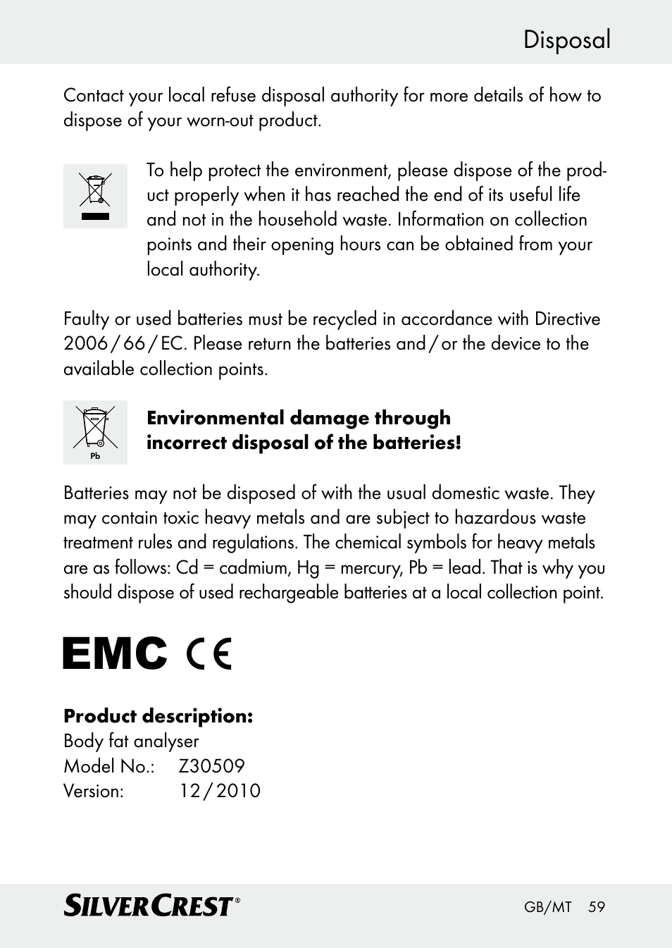 Disposal | Silvercrest Z30509 User Manual | Page 59 / 74