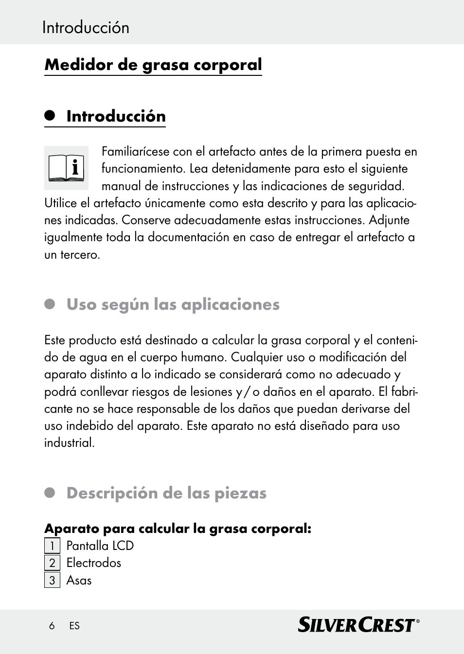 Introducción, Medidor de grasa corporal, Uso según las aplicaciones | Descripción de las piezas | Silvercrest Z30509 User Manual | Page 6 / 74
