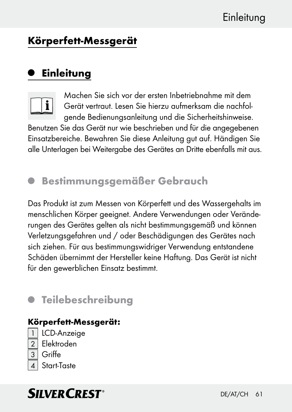 Einleitung, Körperfett-messgerät, Bestimmungsgemäßer gebrauch | Teilebeschreibung | Silvercrest Z30509 User Manual | Page 61 / 74