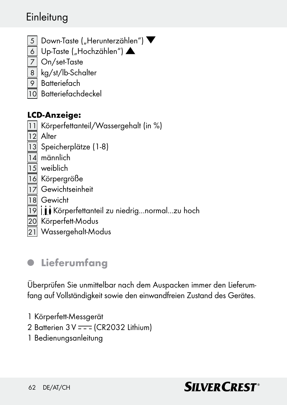 Einleitung, Lieferumfang | Silvercrest Z30509 User Manual | Page 62 / 74