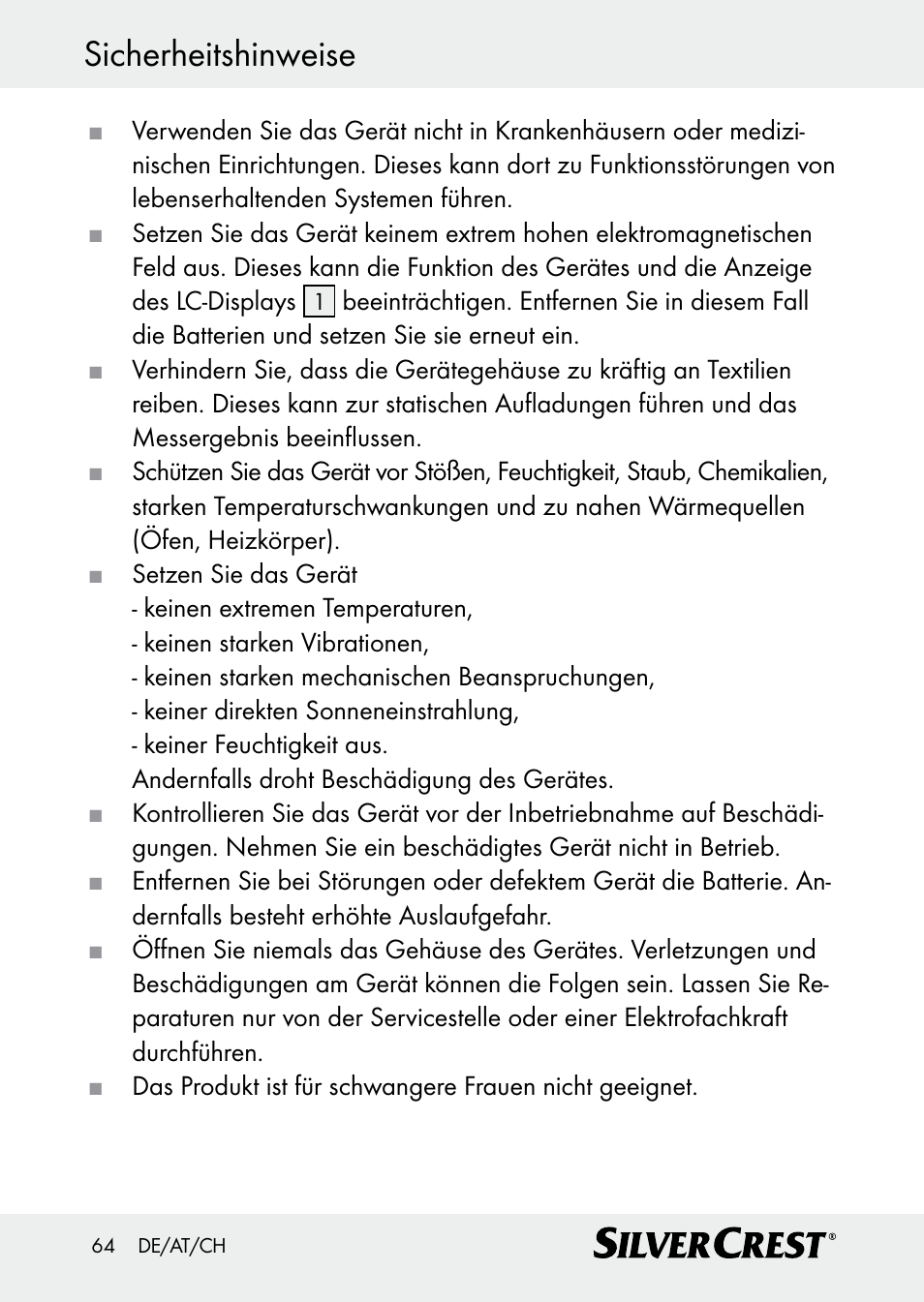 Sicherheitshinweise | Silvercrest Z30509 User Manual | Page 64 / 74