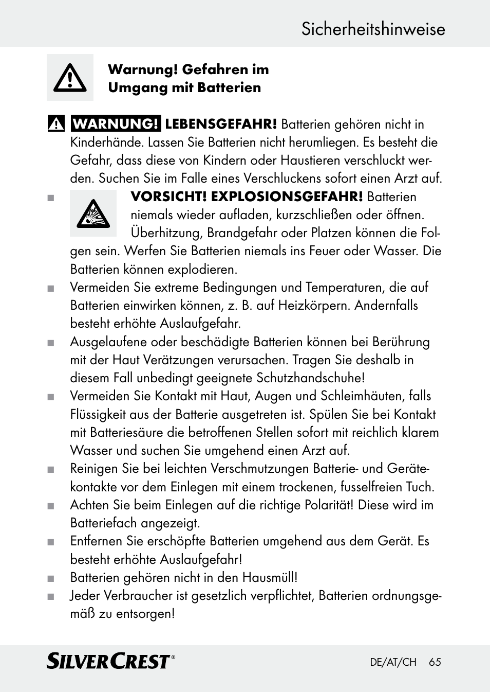 Sicherheitshinweise | Silvercrest Z30509 User Manual | Page 65 / 74