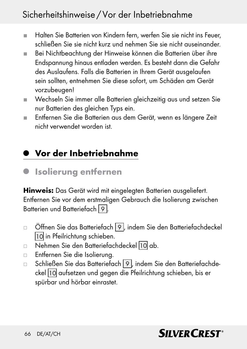 Sicherheitshinweise / vor der inbetriebnahme, Vor der inbetriebnahme, Isolierung entfernen | Silvercrest Z30509 User Manual | Page 66 / 74