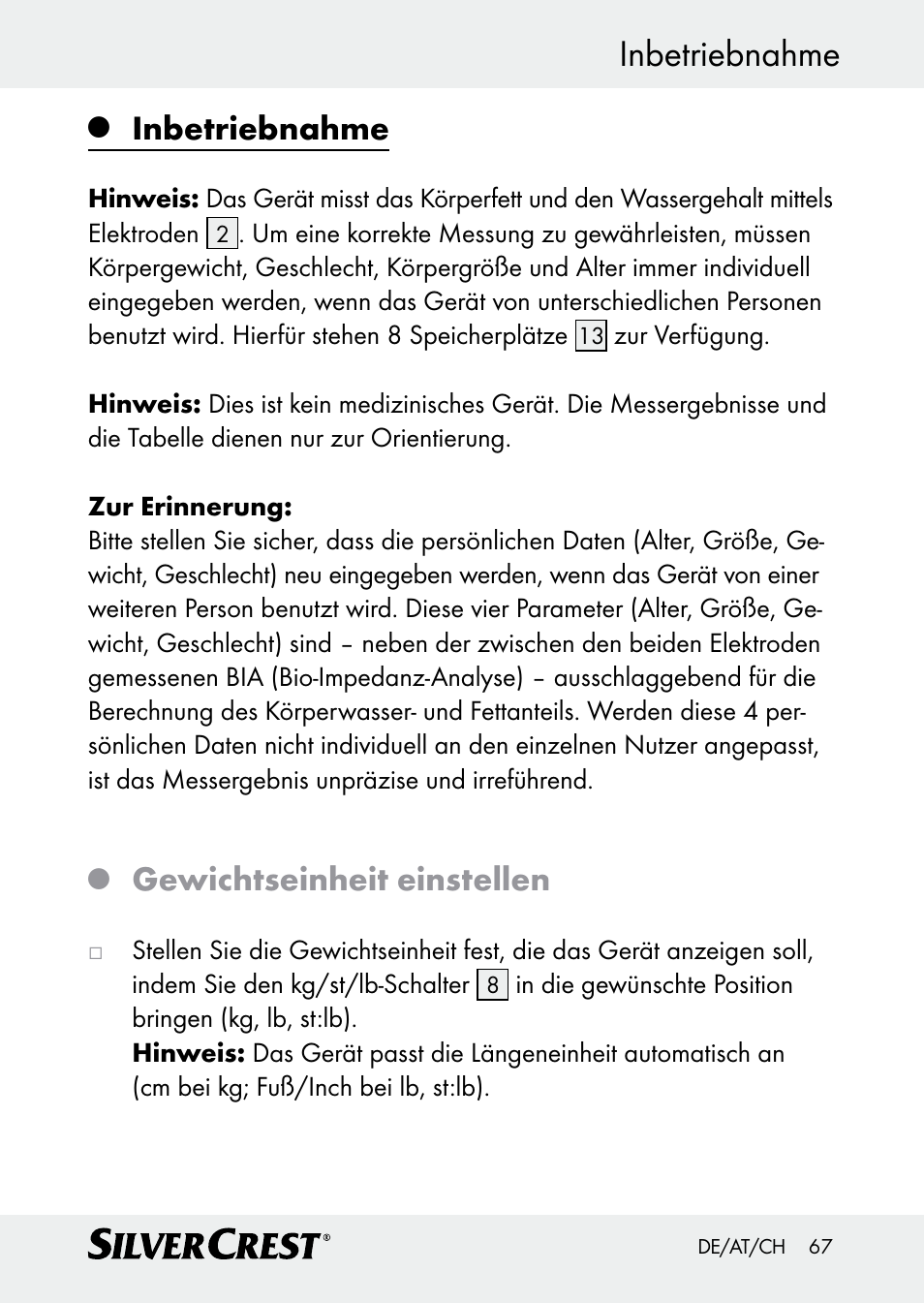 Inbetriebnahme, Gewichtseinheit einstellen | Silvercrest Z30509 User Manual | Page 67 / 74