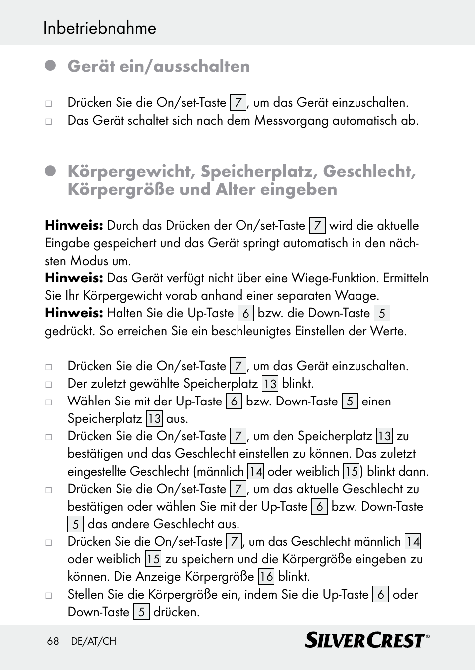 Inbetriebnahme, Gerät ein/ausschalten | Silvercrest Z30509 User Manual | Page 68 / 74