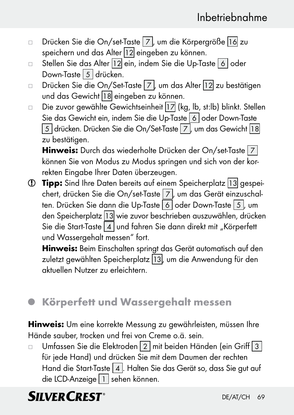 Inbetriebnahme, Körperfett und wassergehalt messen | Silvercrest Z30509 User Manual | Page 69 / 74