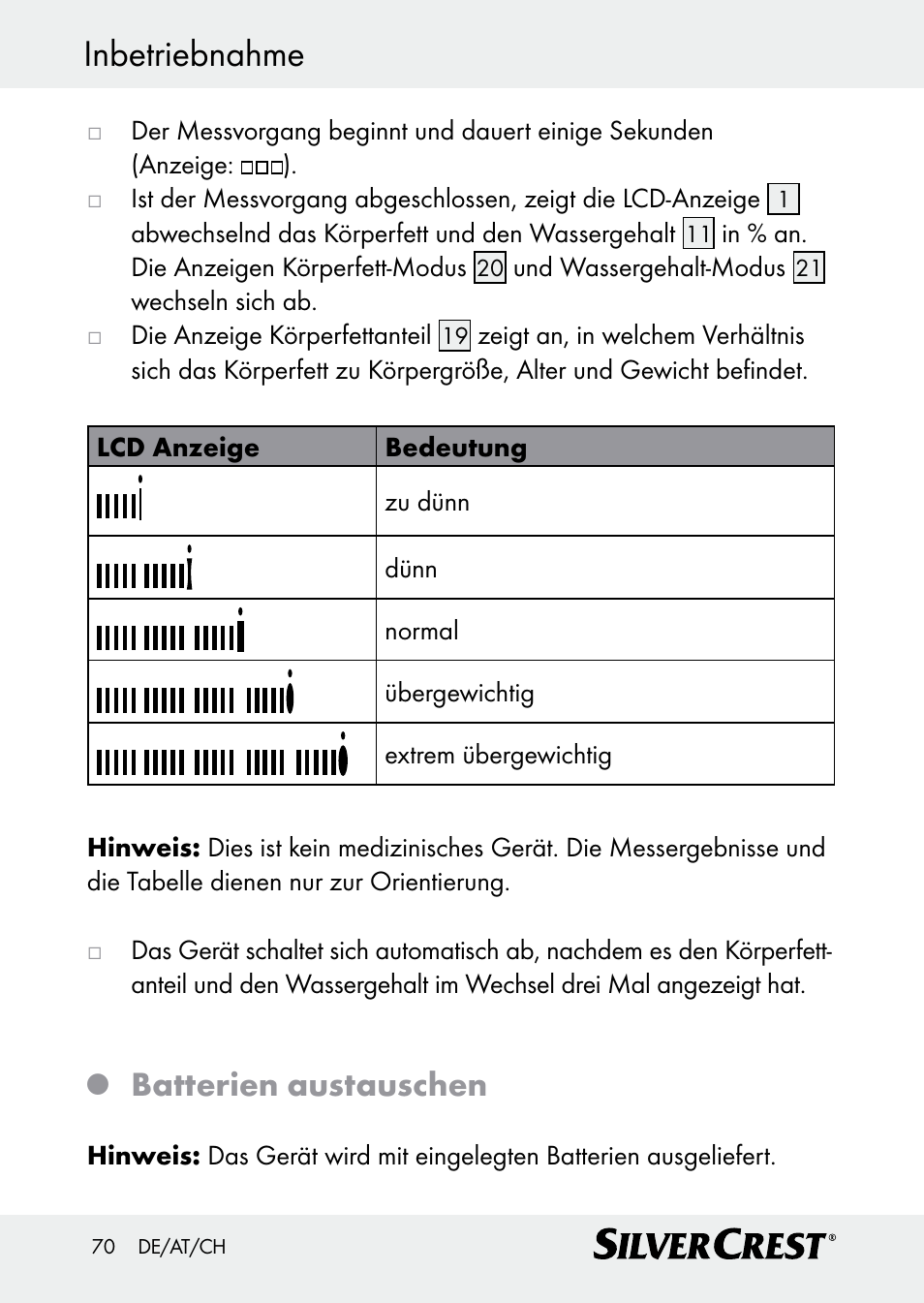 Inbetriebnahme, Batterien austauschen | Silvercrest Z30509 User Manual | Page 70 / 74