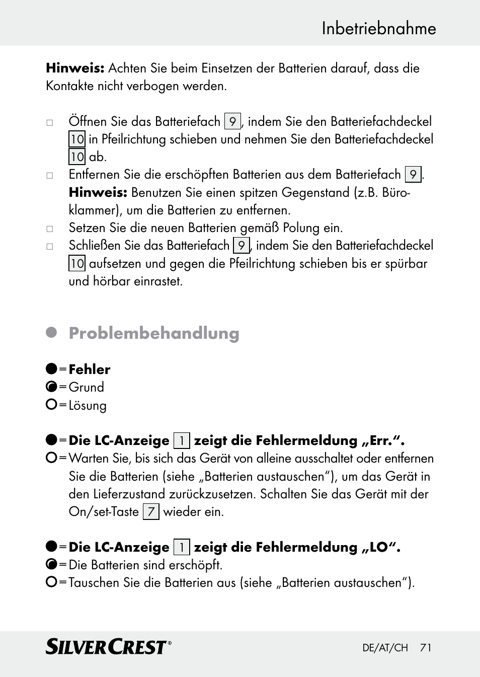 Inbetriebnahme, Problembehandlung | Silvercrest Z30509 User Manual | Page 71 / 74