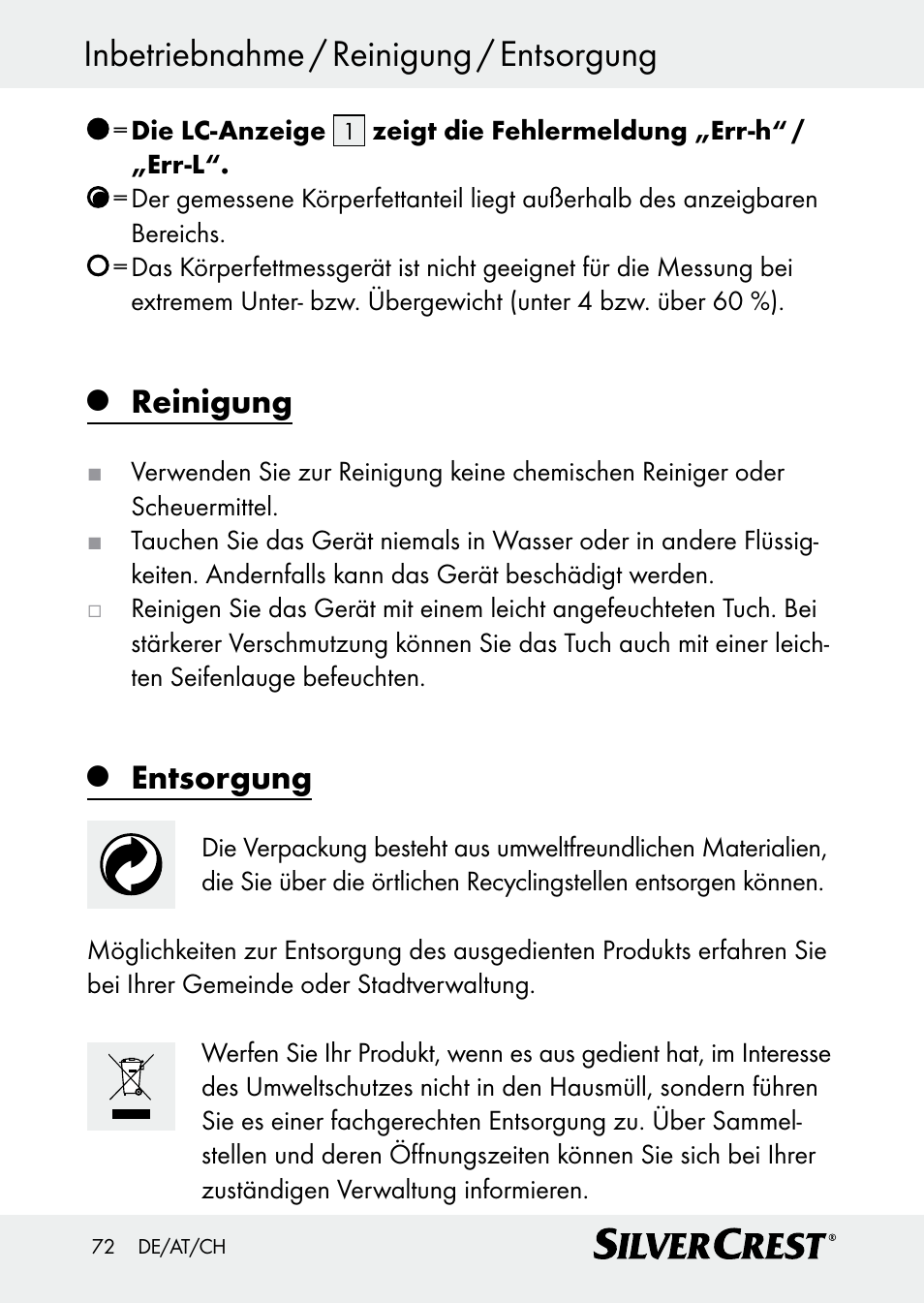 Inbetriebnahme / reinigung / entsorgung, Reinigung, Entsorgung | Silvercrest Z30509 User Manual | Page 72 / 74