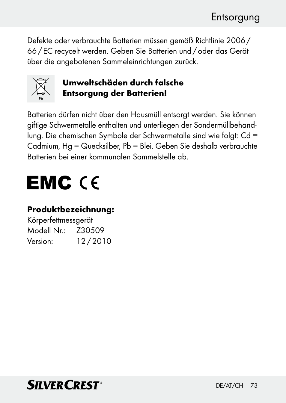 Entsorgung | Silvercrest Z30509 User Manual | Page 73 / 74