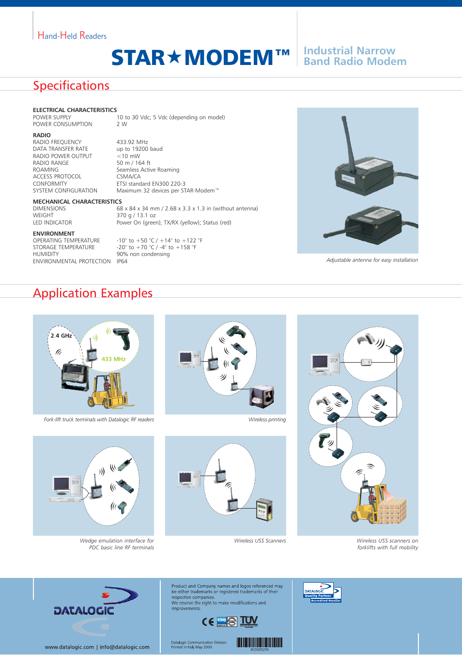 Starmodem, Specifications application examples, Industrial narrow band radio modem h | Datalogic Scanning RS232 User Manual | Page 2 / 2
