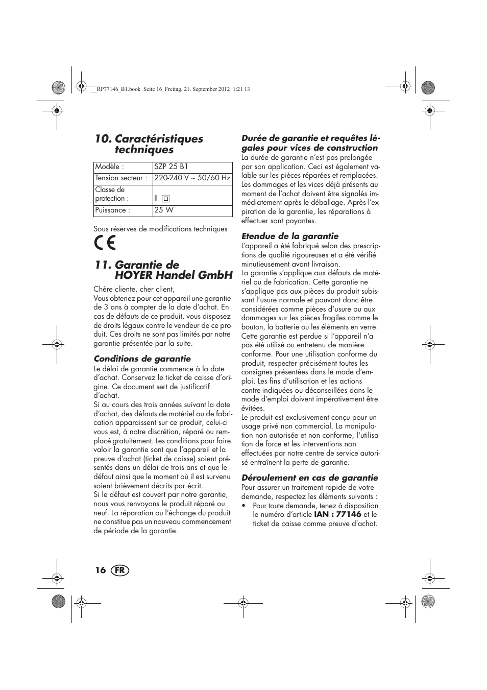 Caractéristiques techniques, Garantie de hoyer handel gmbh | Silvercrest SZP 25 B1 User Manual | Page 18 / 46