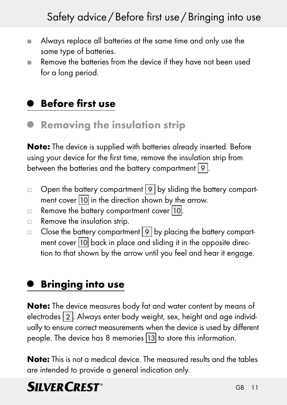 Before first use, Removing the insulation strip, Bringing into use | Silvercrest Z30509 User Manual | Page 11 / 85