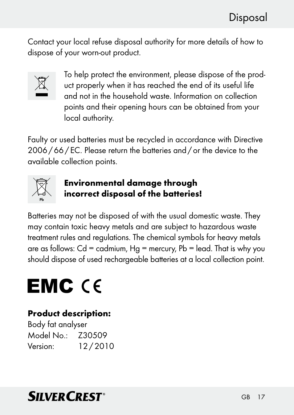 Disposal | Silvercrest Z30509 User Manual | Page 17 / 85