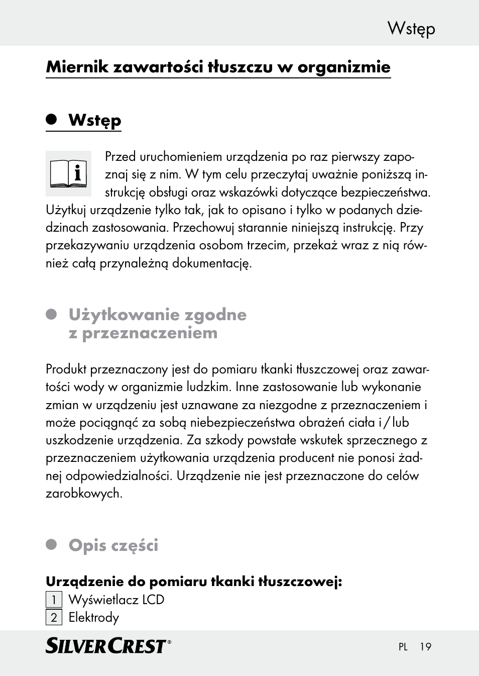 Wstęp, Miernik zawartości tłuszczu w organizmie, Użytkowanie zgodne z przeznaczeniem | Opis części | Silvercrest Z30509 User Manual | Page 19 / 85