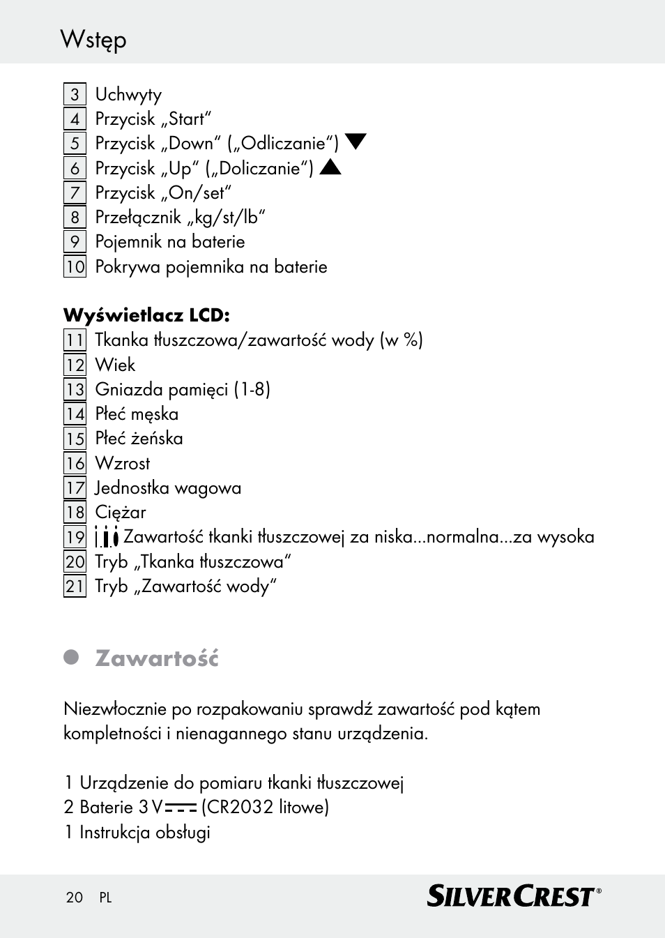 Wstęp, Zawartość | Silvercrest Z30509 User Manual | Page 20 / 85