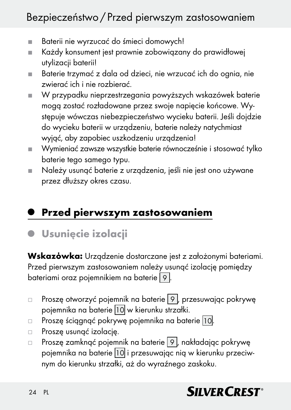 Bezpieczeństwo / przed pierwszym zastosowaniem, Przed pierwszym zastosowaniem, Usunięcie izolacji | Silvercrest Z30509 User Manual | Page 24 / 85