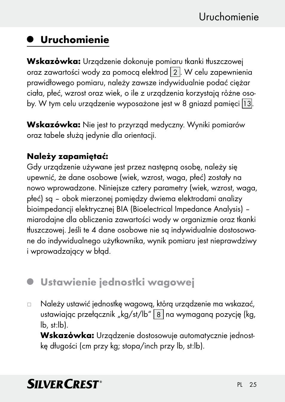 Uruchomienie, Ustawienie jednostki wagowej | Silvercrest Z30509 User Manual | Page 25 / 85