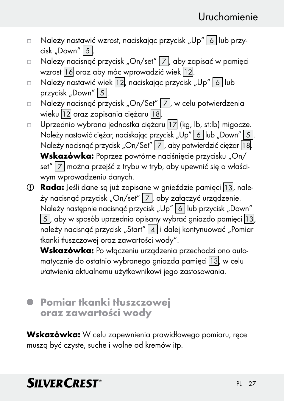 Uruchomienie, Pomiar tkanki tłuszczowej oraz zawartości wody | Silvercrest Z30509 User Manual | Page 27 / 85