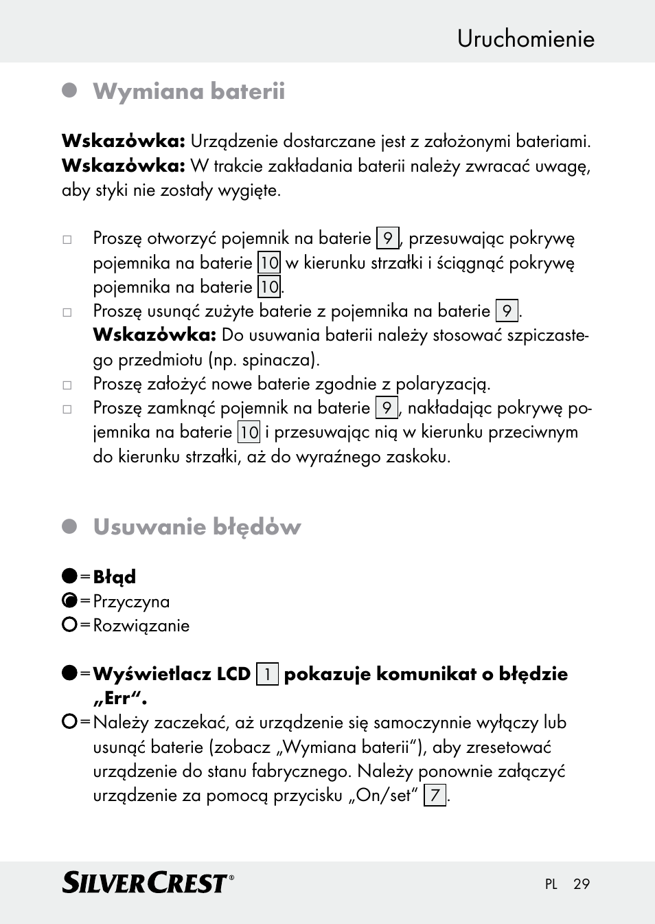 Uruchomienie, Wymiana baterii, Usuwanie błędόw | Silvercrest Z30509 User Manual | Page 29 / 85