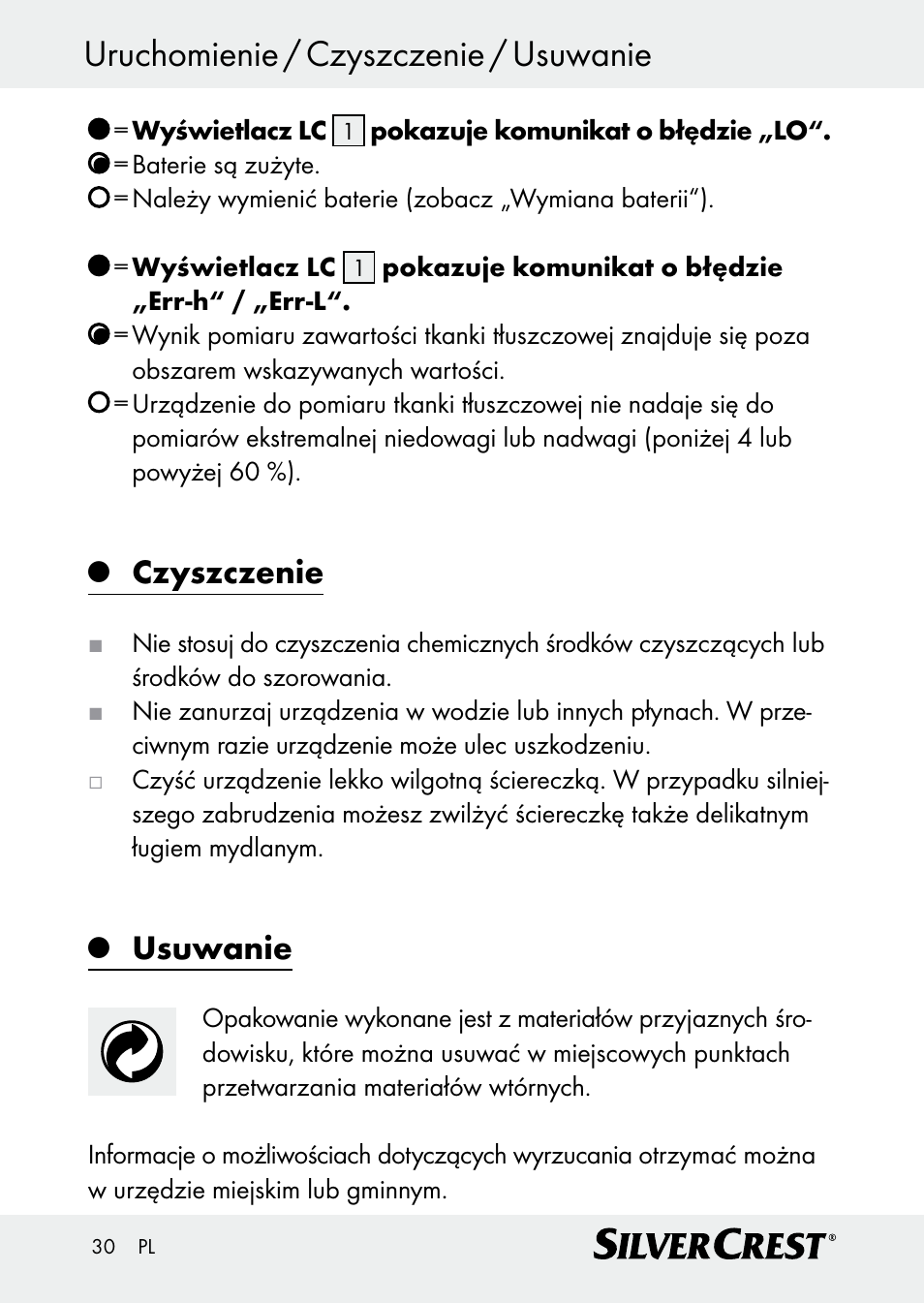 Uruchomienie / czyszczenie / usuwanie, Czyszczenie, Usuwanie | Silvercrest Z30509 User Manual | Page 30 / 85