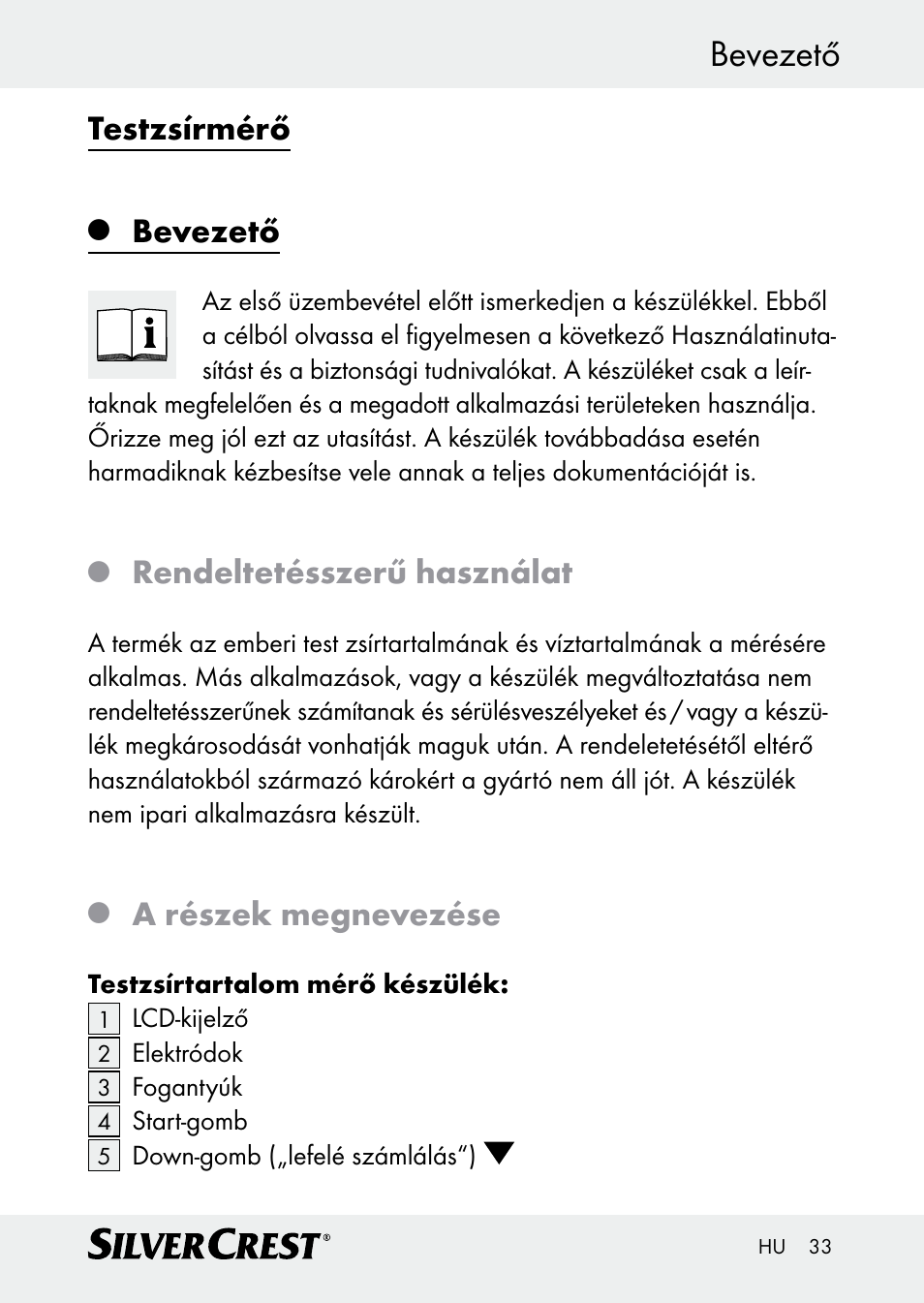 Bevezető, Testzsírmérő, Rendeltetésszerű használat | A részek megnevezése | Silvercrest Z30509 User Manual | Page 33 / 85